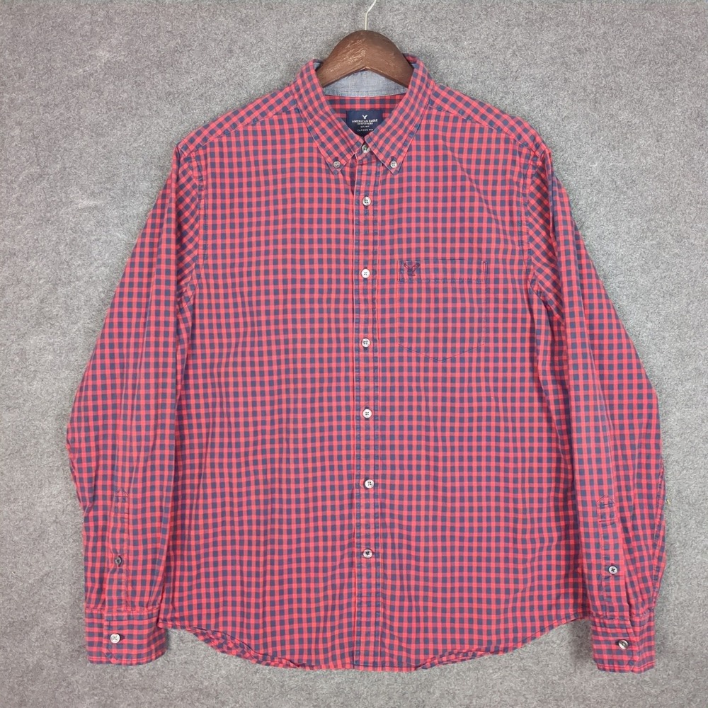 American Eagle Mens Classic Fit Gingham Button Down Shirt Red Navy Blue Large - Picture 2 of 11